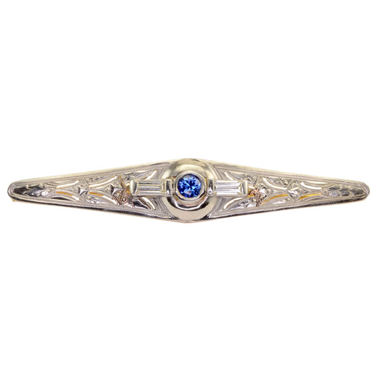 Art Deco Ceylon Sapphire and VVS1 Diamond Bar Pin