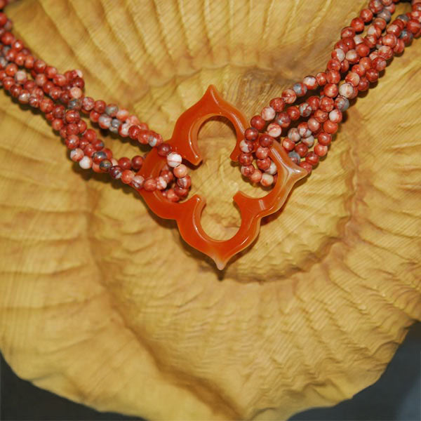 Multi Strand Twisted Sesame Jasper Necklace with Floral Cutout Orange Agate Focal Pendant