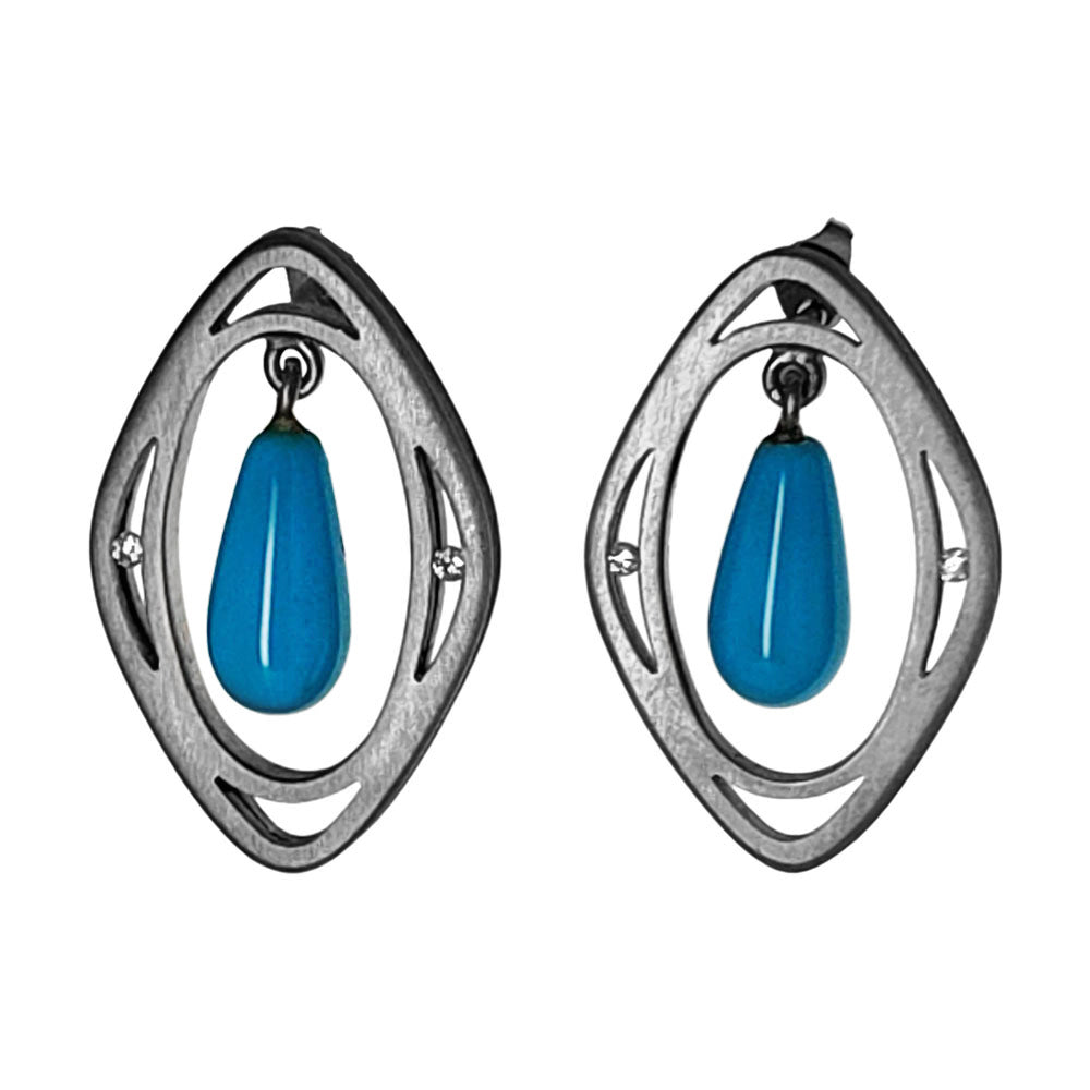 18K White Gold Turquoise Drop Earrings with Diamond Accents