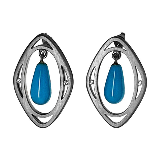 18K White Gold Turquoise Drop Earrings with Diamond Accents
