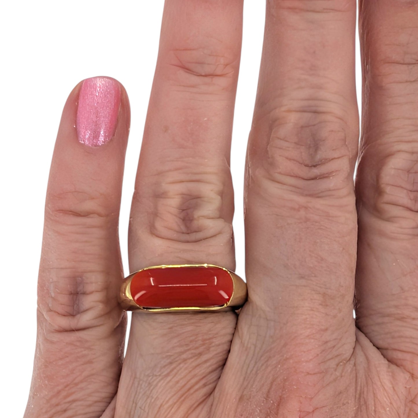 18K Gold Red Coral Saddle Ring Size 6.25