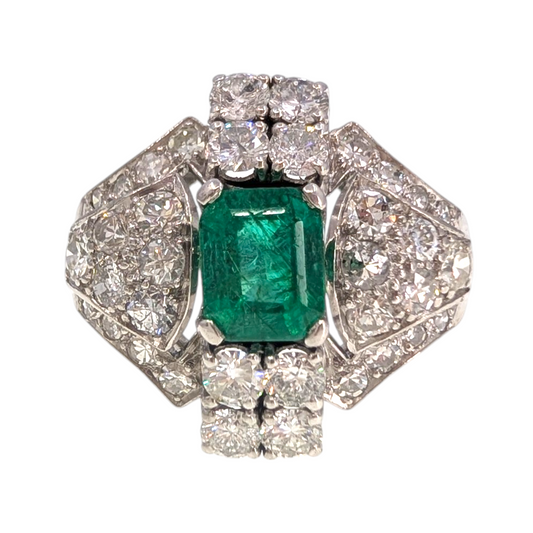 Antique Platinum Emerald &amp; Diamond Cocktail Ring
