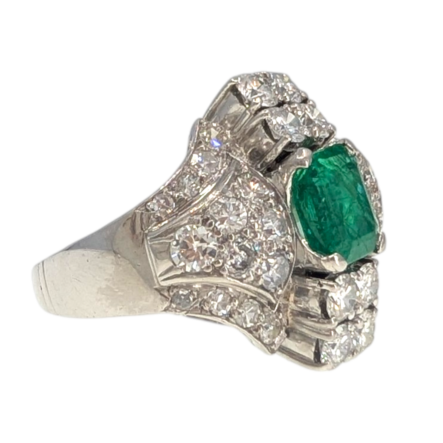 Antique Platinum Emerald &amp; Diamond Cocktail Ring