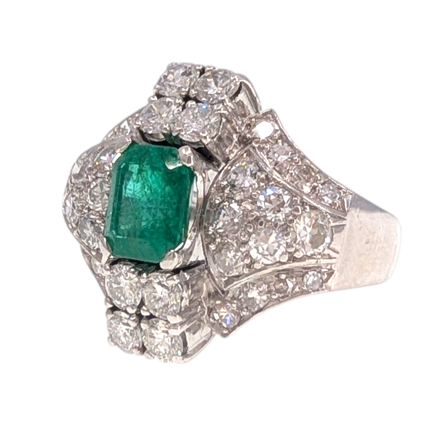 Antique Platinum Emerald &amp; Diamond Cocktail Ring