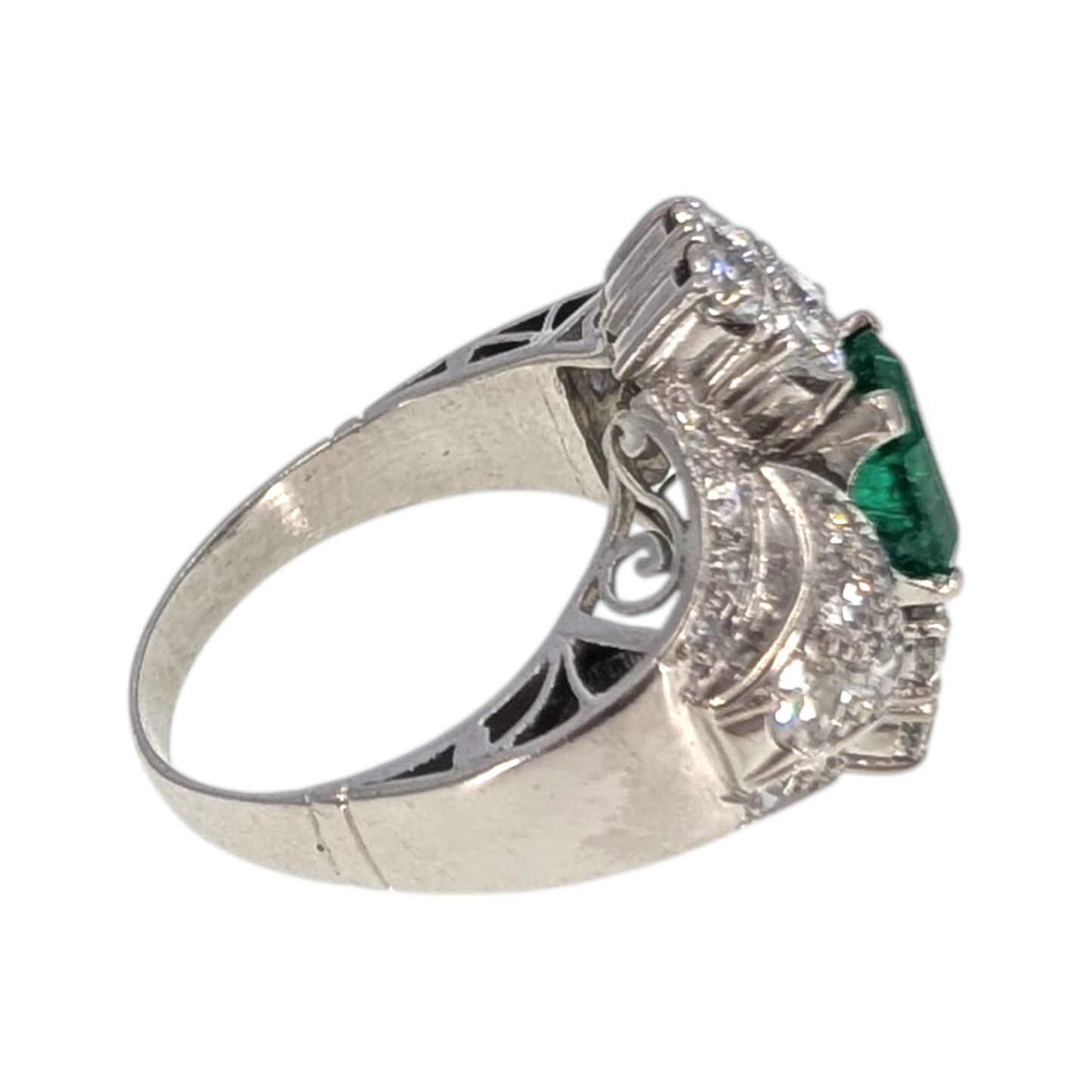 Antique Platinum Emerald &amp; Diamond Cocktail Ring