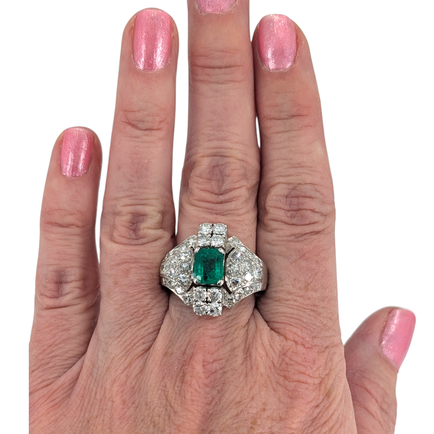 Antique Platinum Emerald &amp; Diamond Cocktail Ring
