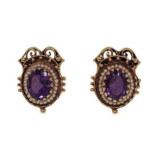 Victorian 14K Amethyst & Seed Pearl Earrings