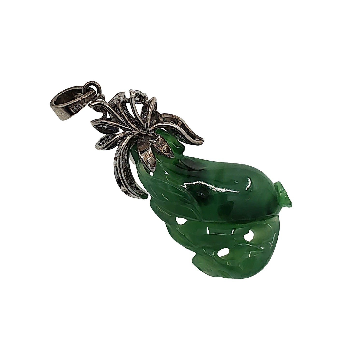 Vintage 18K White Gold Carved Jade Pendant with Diamonds