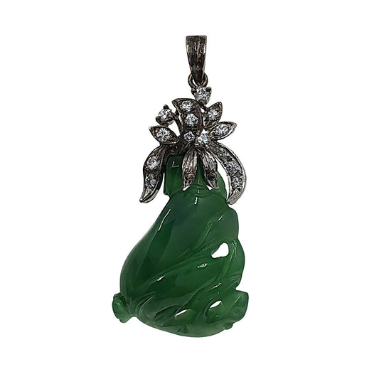 Vintage 18K White Gold Carved Jade Pendant with Diamonds
