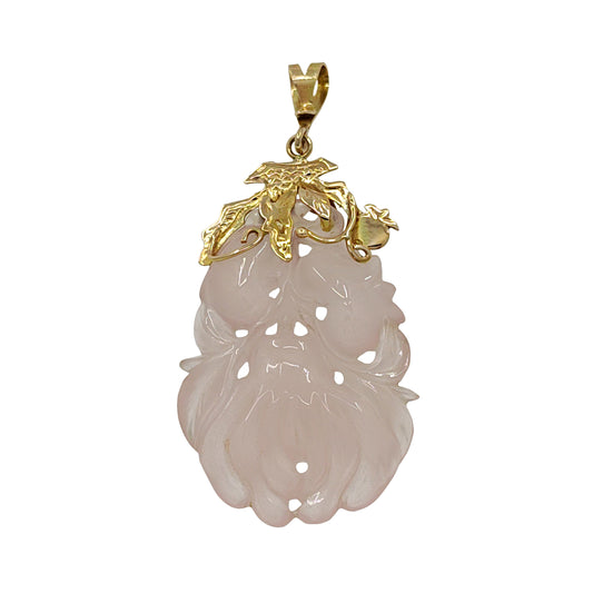 14K Gold Large Carved Rose Quartz Pendant