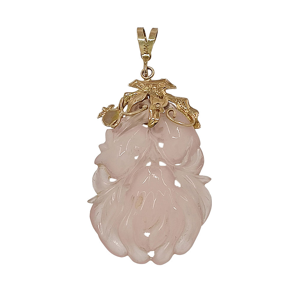 14K Gold Large Carved Rose Quartz Pendant