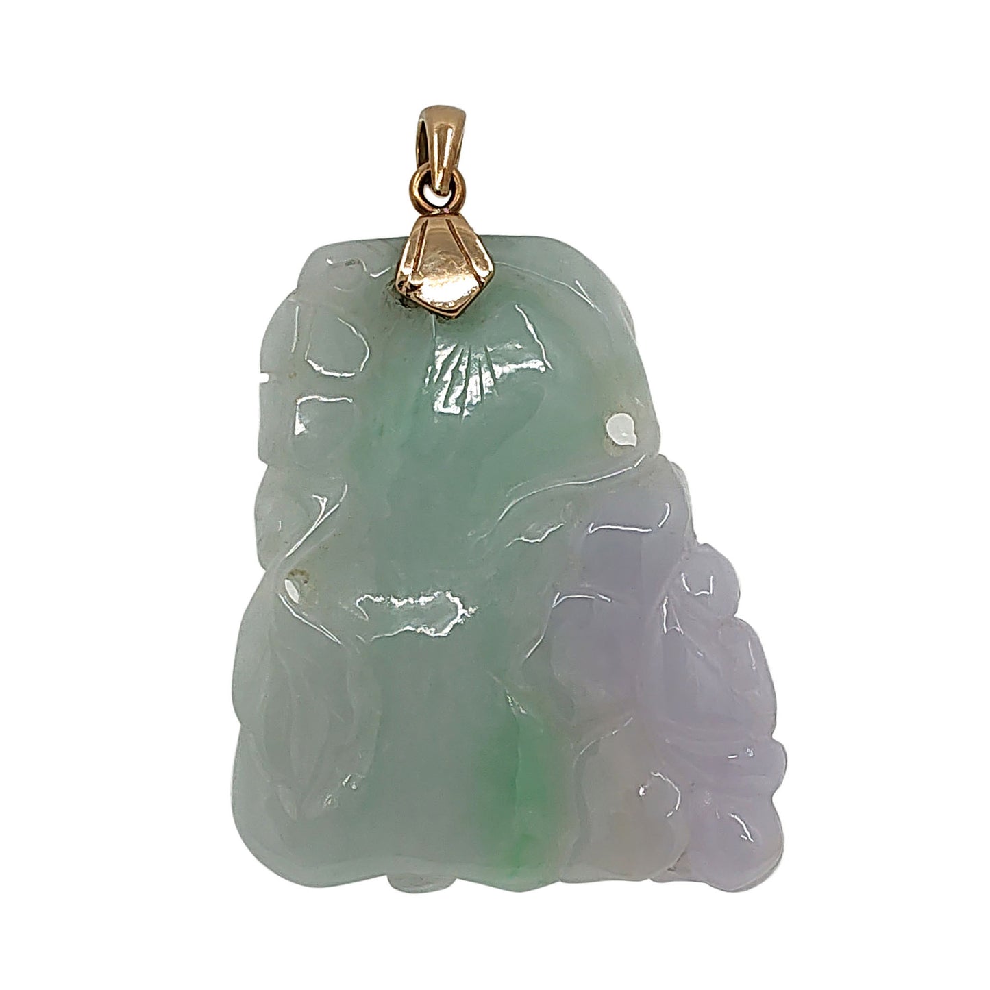 18K Gold Carved Lavender & Green Jade Pendant