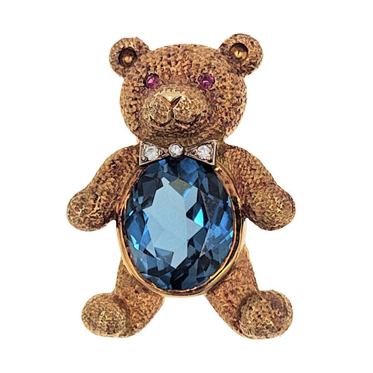 Blue Topaz 18K Gold Teddy Bear Pin or Pendant