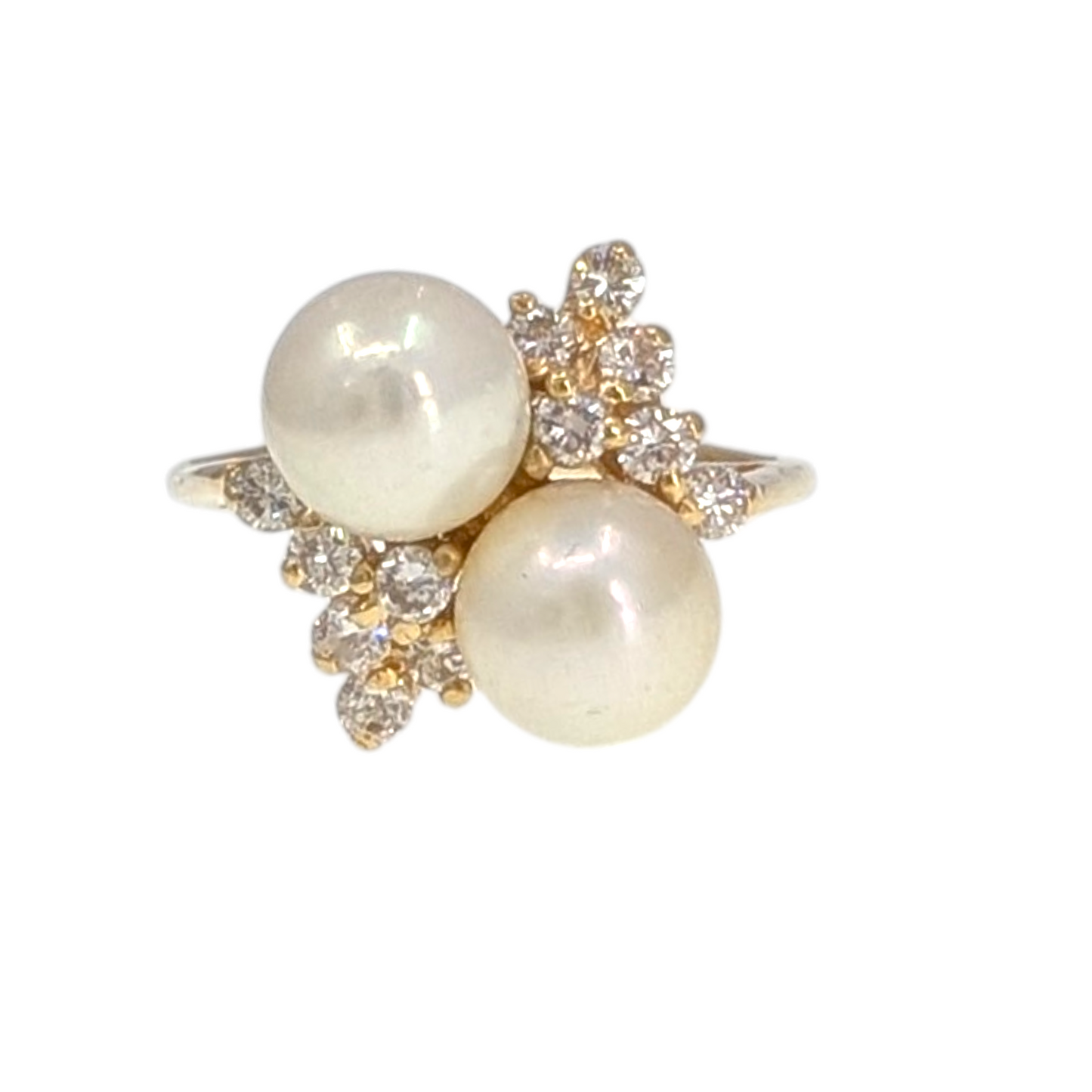 14KY Double Pearl Ring with Diamonds
