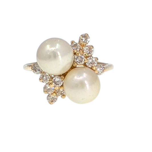 14KY Double Pearl Ring with Diamonds