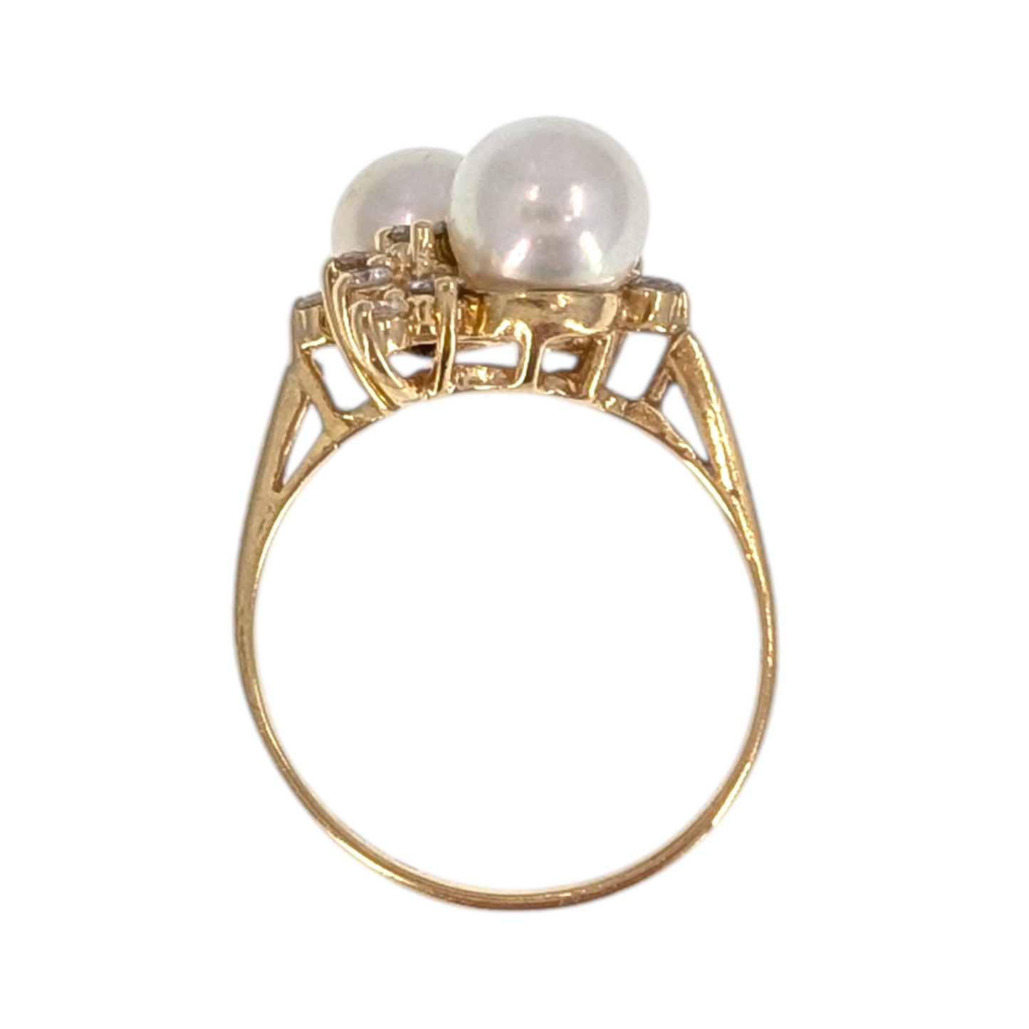 14KY Double Pearl Ring with Diamonds