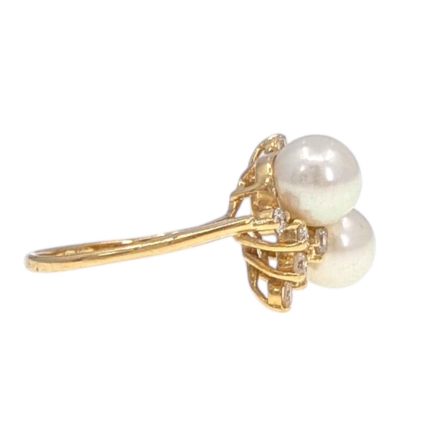 14KY Double Pearl Ring with Diamonds