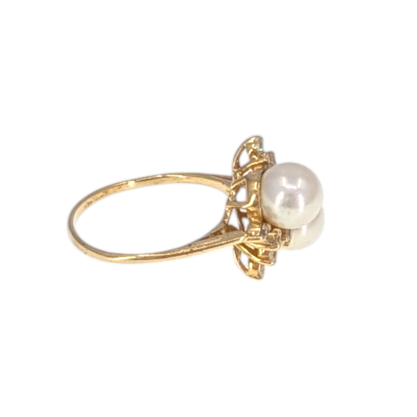 14KY Double Pearl Ring with Diamonds