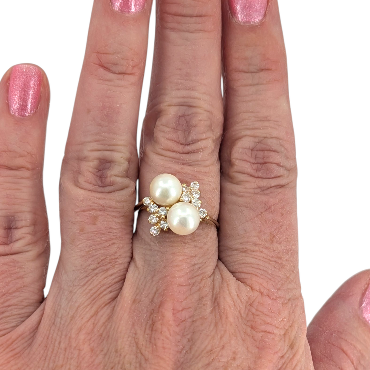 14KY Double Pearl Ring with Diamonds