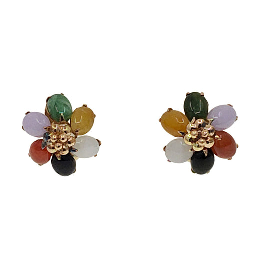 14KY Multicolor Jade Flower Clip Earrings