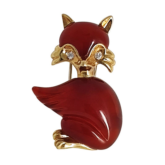 14K Orangish Red Jade Animal Brooch or Fur Clip