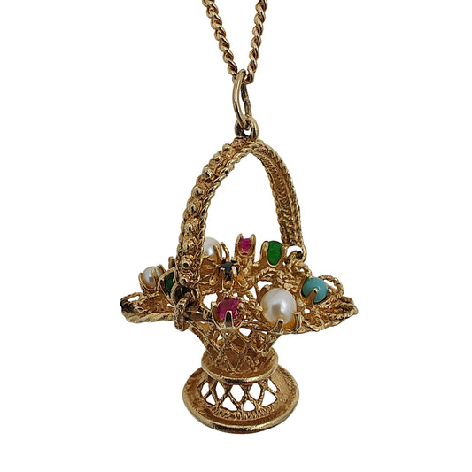 Vintage Multi Gemstone Easter Basket Pendant Necklace