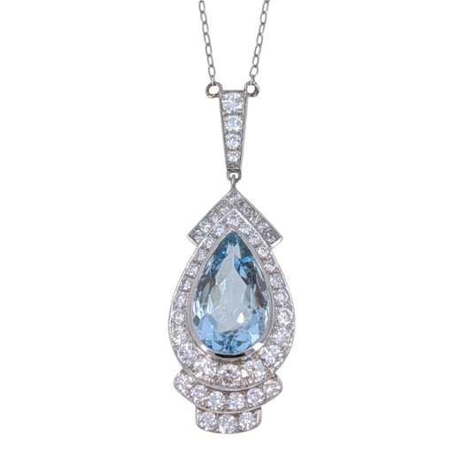 Art Deco Style Pear Aquamarine & Diamond Platinum Necklace