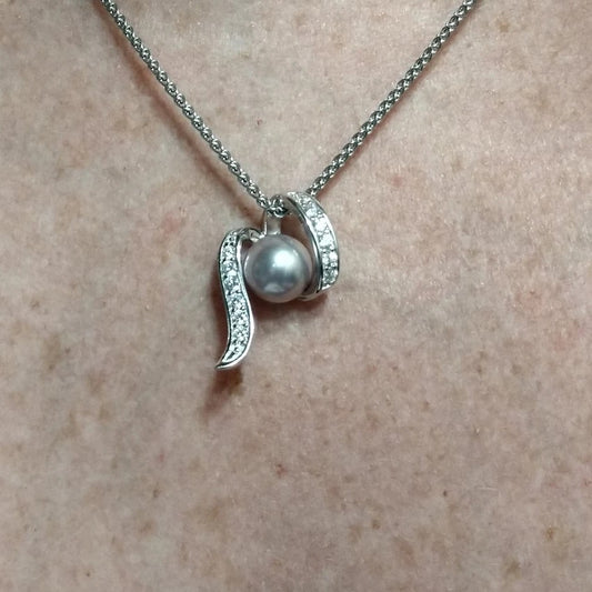 Edison Pearl Sterling Silver Swirl Pendant with CZ Accents