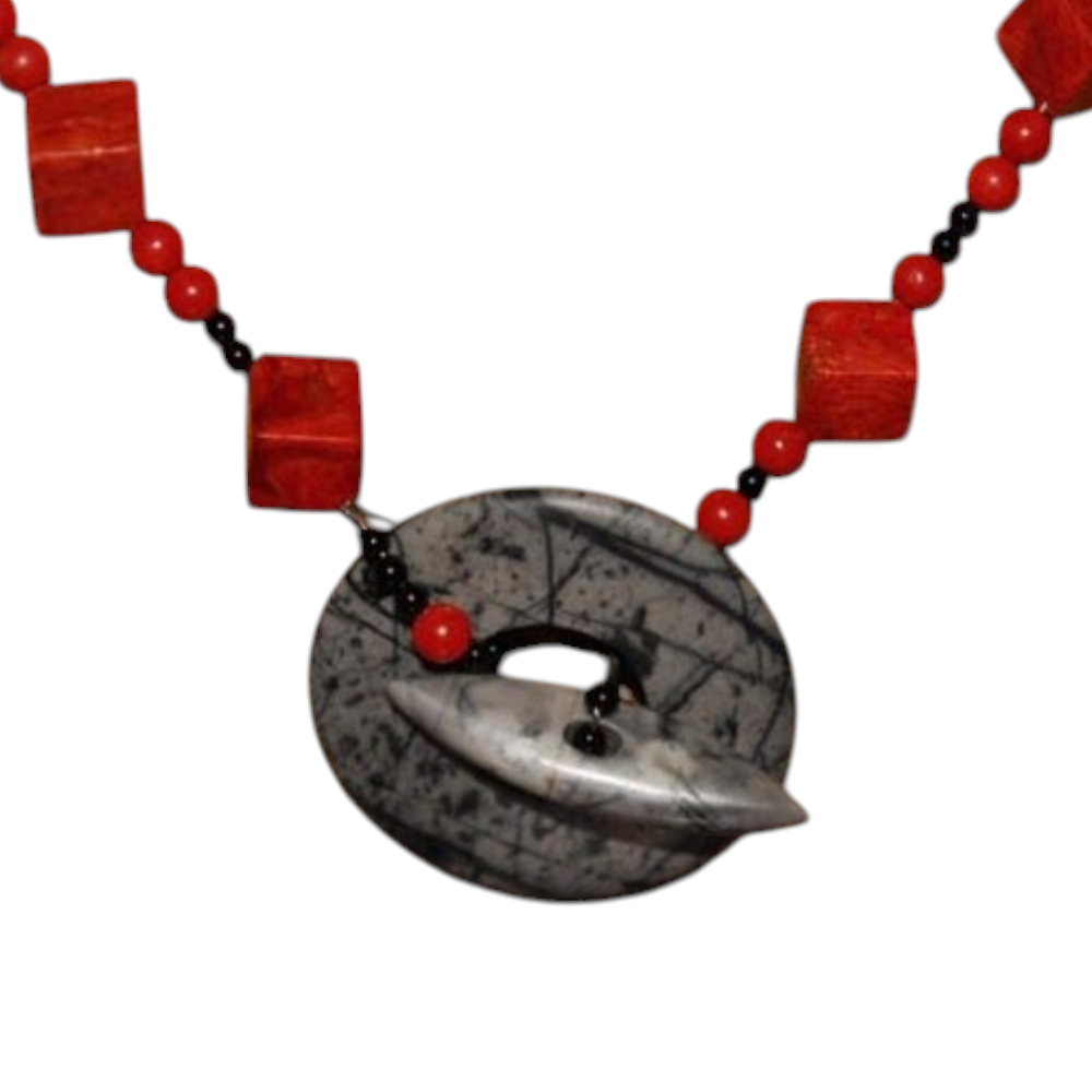 Red Coral Statement Necklace with Onyx and a Picasso Jasper Focal Toggle Clasp