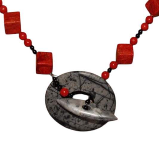 Red Coral Statement Necklace with Onyx and a Picasso Jasper Focal Toggle Clasp