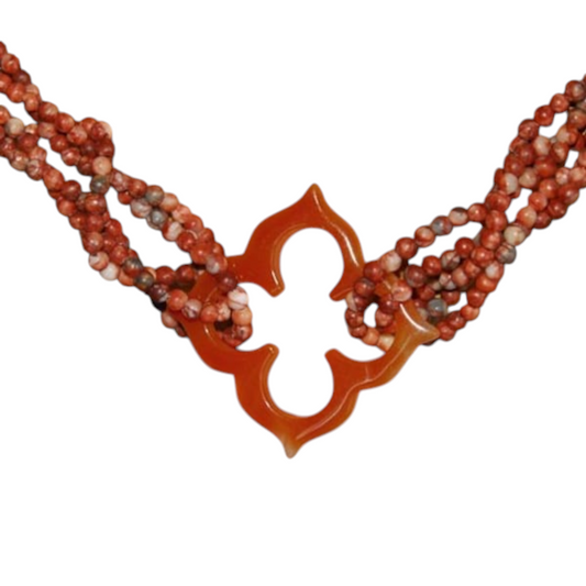 Multi Strand Twisted Sesame Jasper Necklace with Floral Cutout Orange Agate Focal Pendant