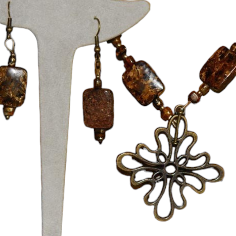 Bronzite Necklace with Bronze Finished Floral Focal Toggle Clasp