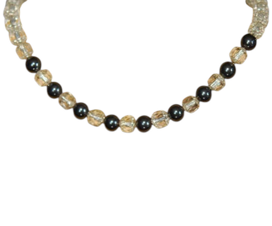Vintage Hematite and Czech Cathedral Glass Sterling Silver Necklace Adjustable Length
