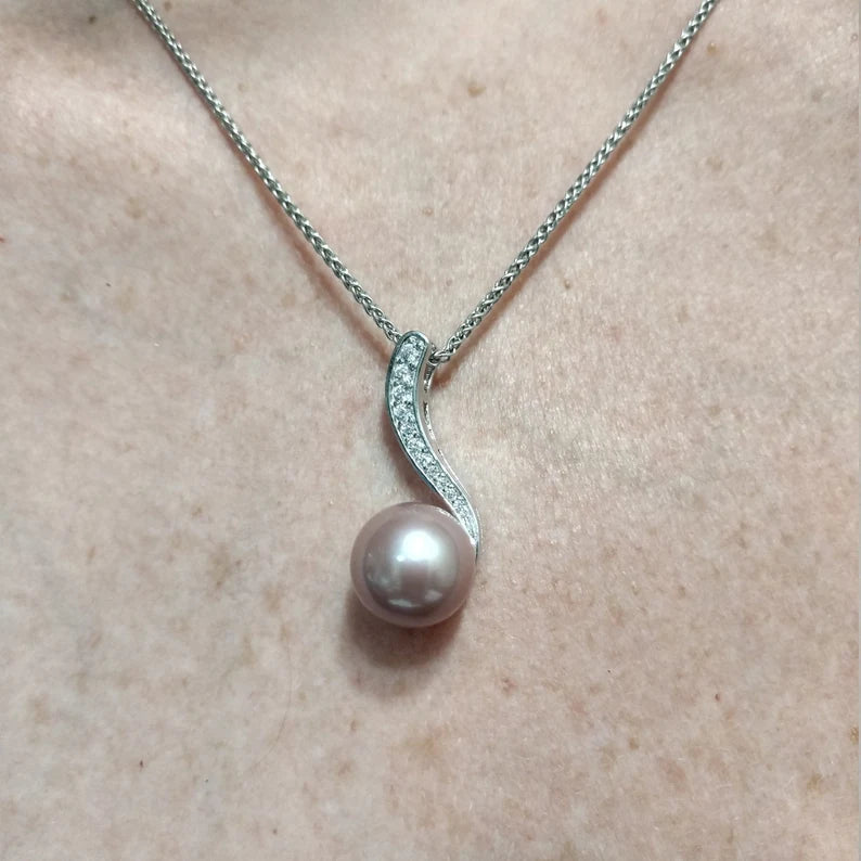 Light Mauve Edison Pearl & CZ Sterling Silver Pendant